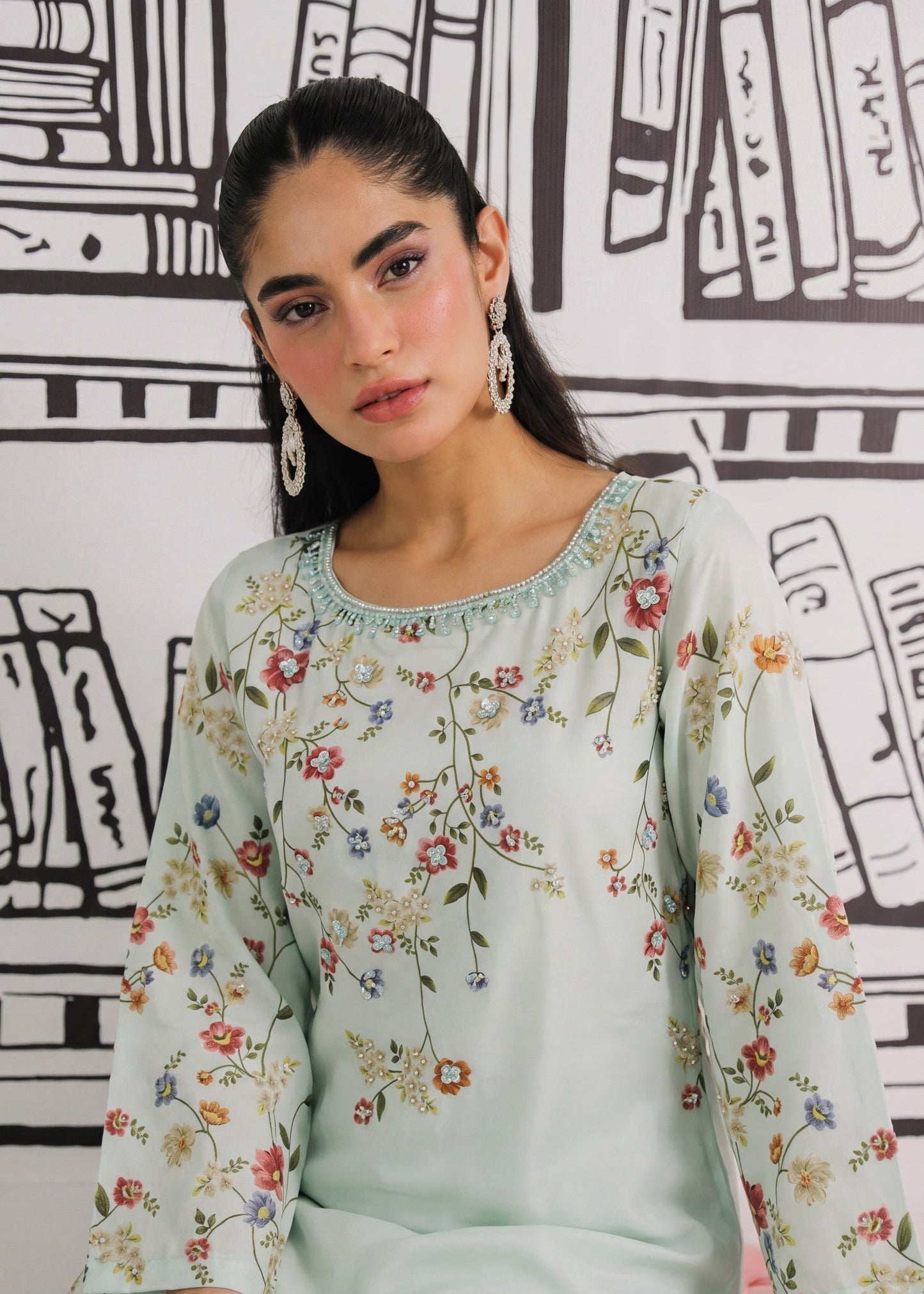 Light Cyan Kaftan Embellished Poly Silk Online in UK USA Canada