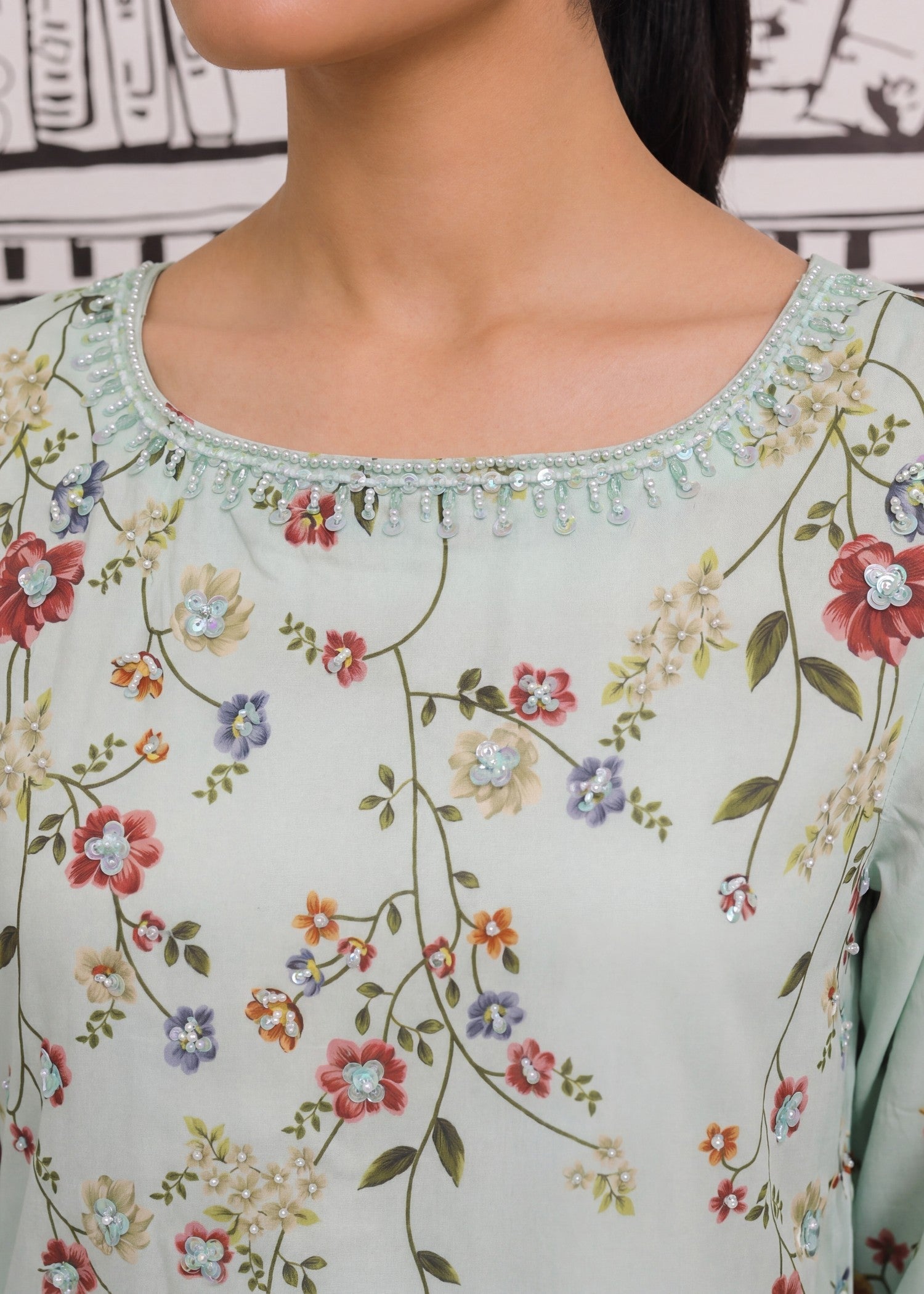Light Cyan Poly Silk Embellished Kaftan Online in KSA Riyadh Saudi Arabia Oman Bahrain Qatar