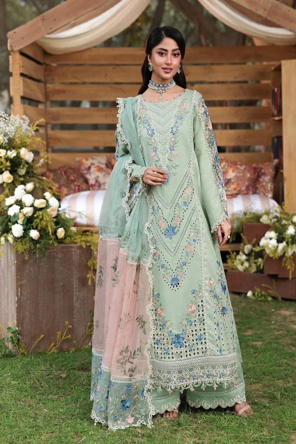 Light Green Chikankari Embroidered Lawn Suit Online in Dubai UAE Abudhabi Ajman Sharjah