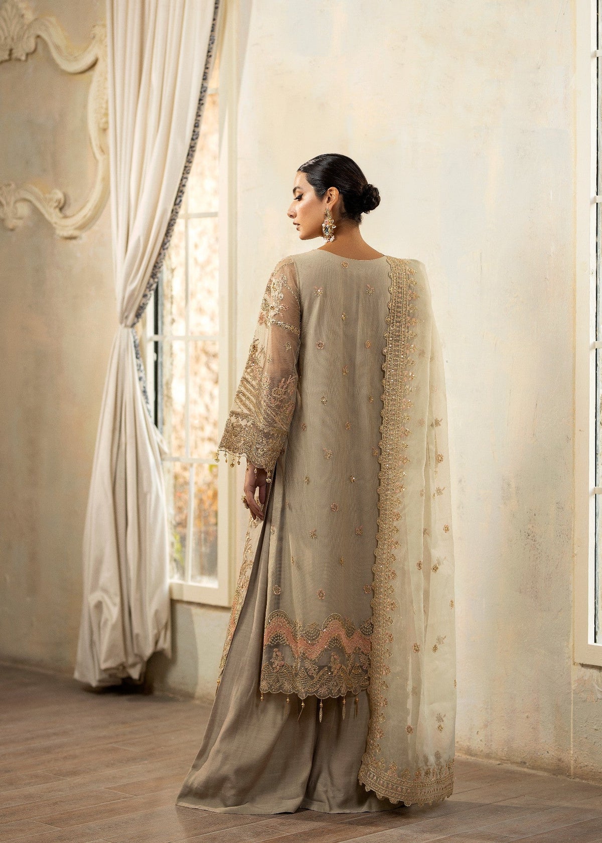 Light Grey Chiffon 3 Piece Pakistani Suit Online in Sri Lanka India Australia