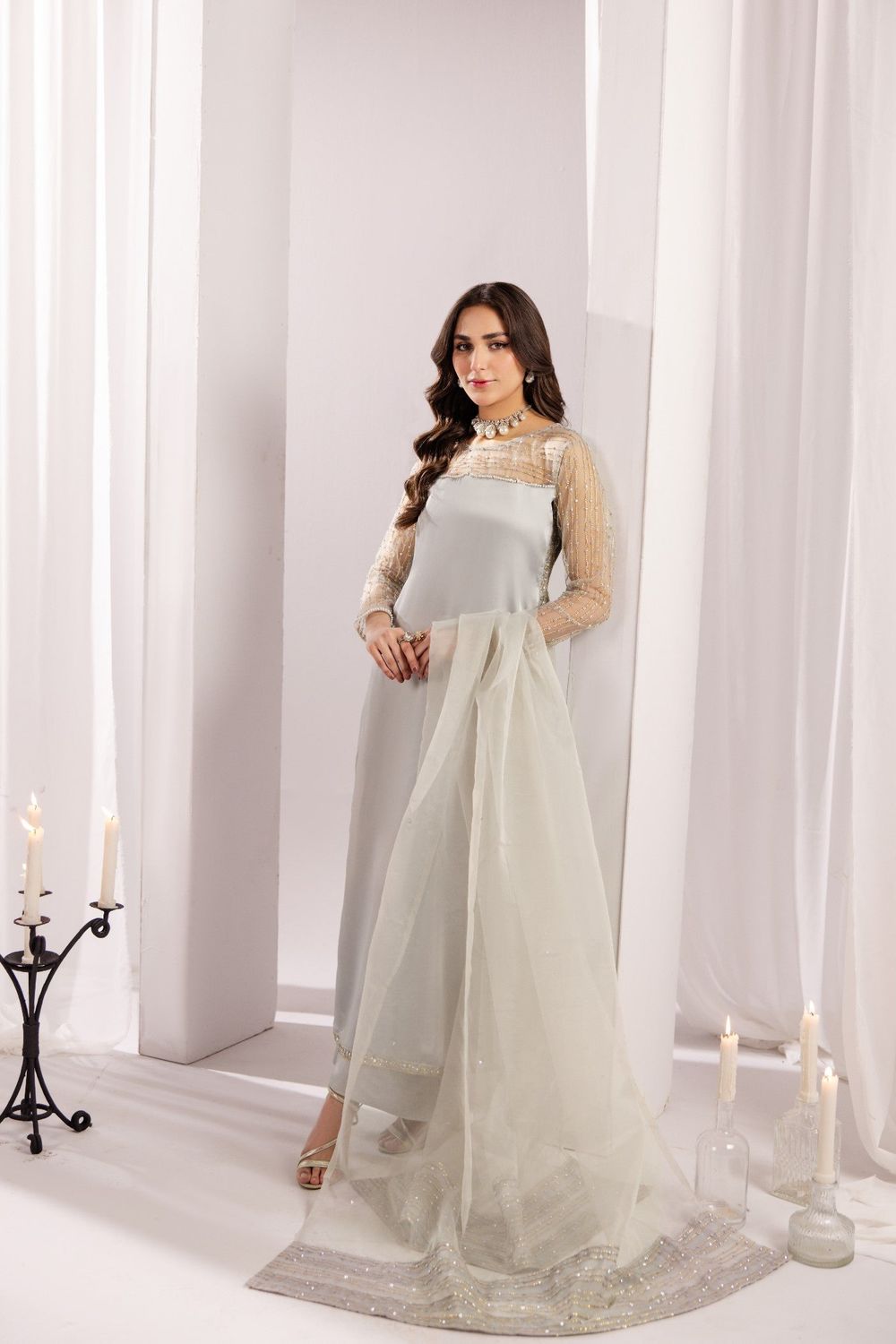 Light Grey Embroidered Silk Kurta Set Online in Dubai UAE Abudhabi Ajman Sharjah
