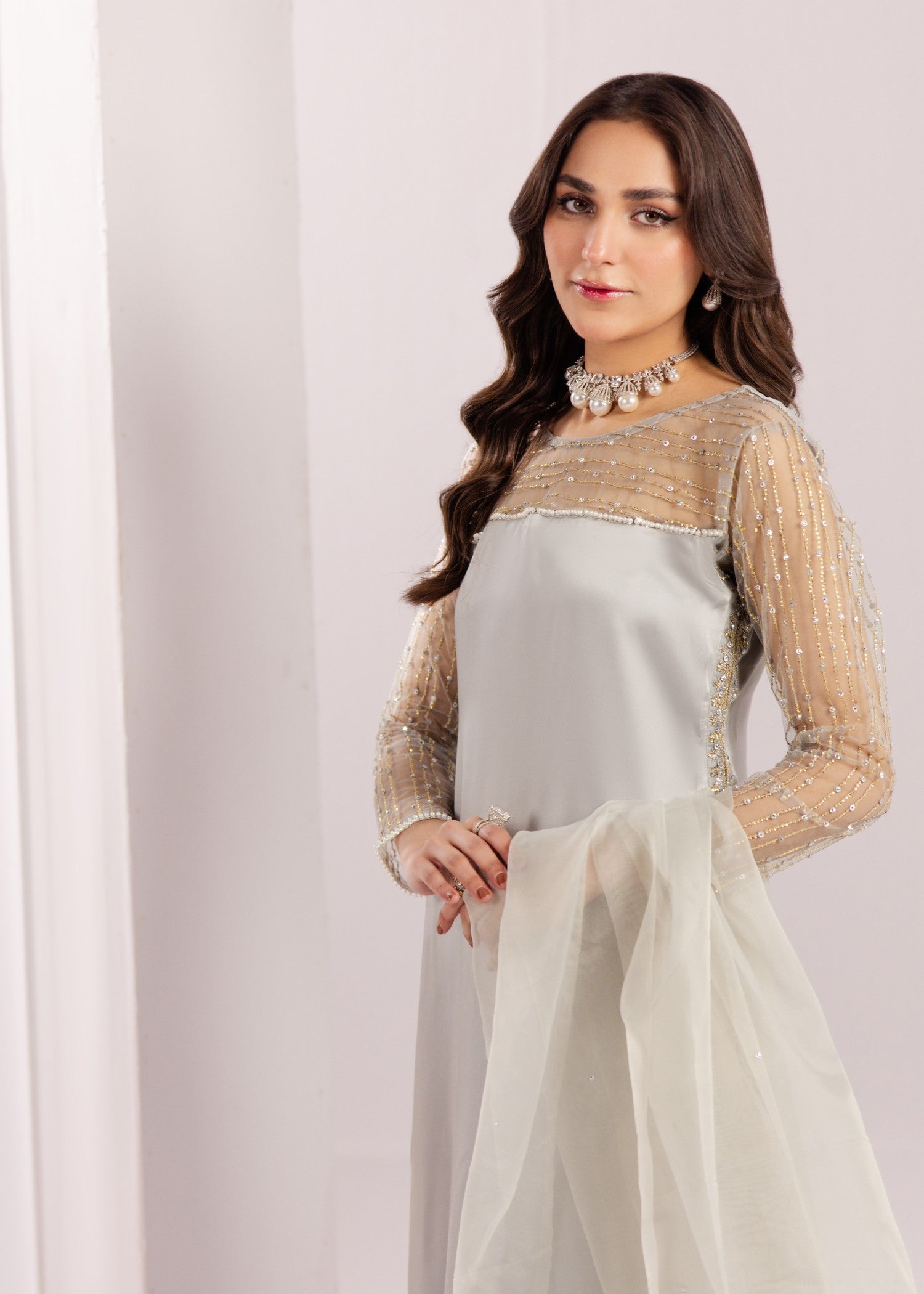 Light Grey Organza Dupatta Embroidered Silk Suit Online in Dubai UAE Abudhabi Ajman Sharjah