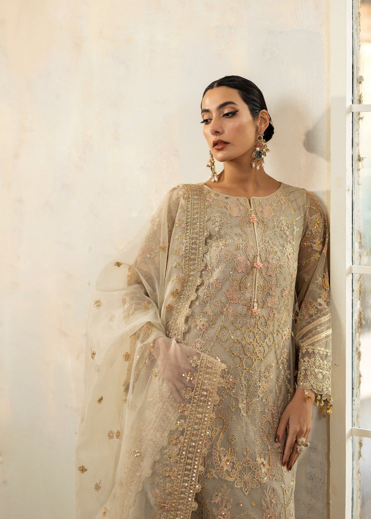 Light Grey Straight Cut Kurta Trouser with Dupatta Online in Dubai UAE Abudhabi Ajman Sharjah
