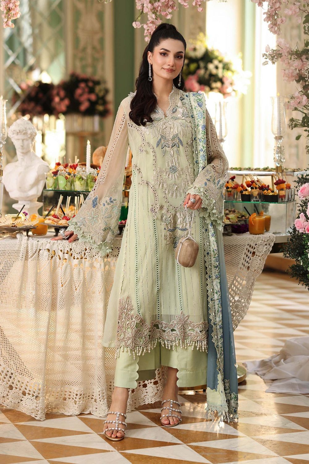 Light Pastel Green Hand Embellished Chiffon Pakistani Suit Online in Dubai UAE Abudhabi Ajman Sharjah