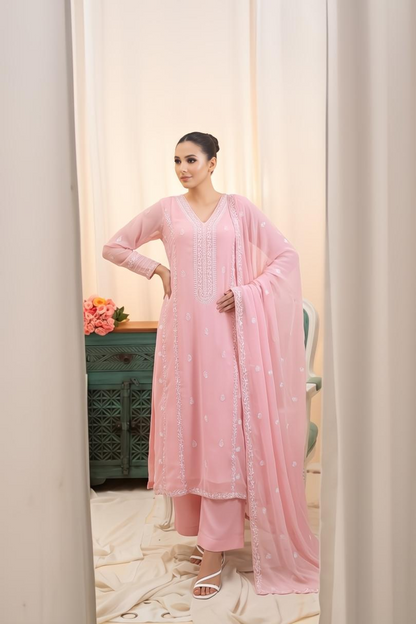 Light Pink Embroidered Chiffon Partywear Suit Online in Dubai UAE Abudhabi Ajman Sharjah