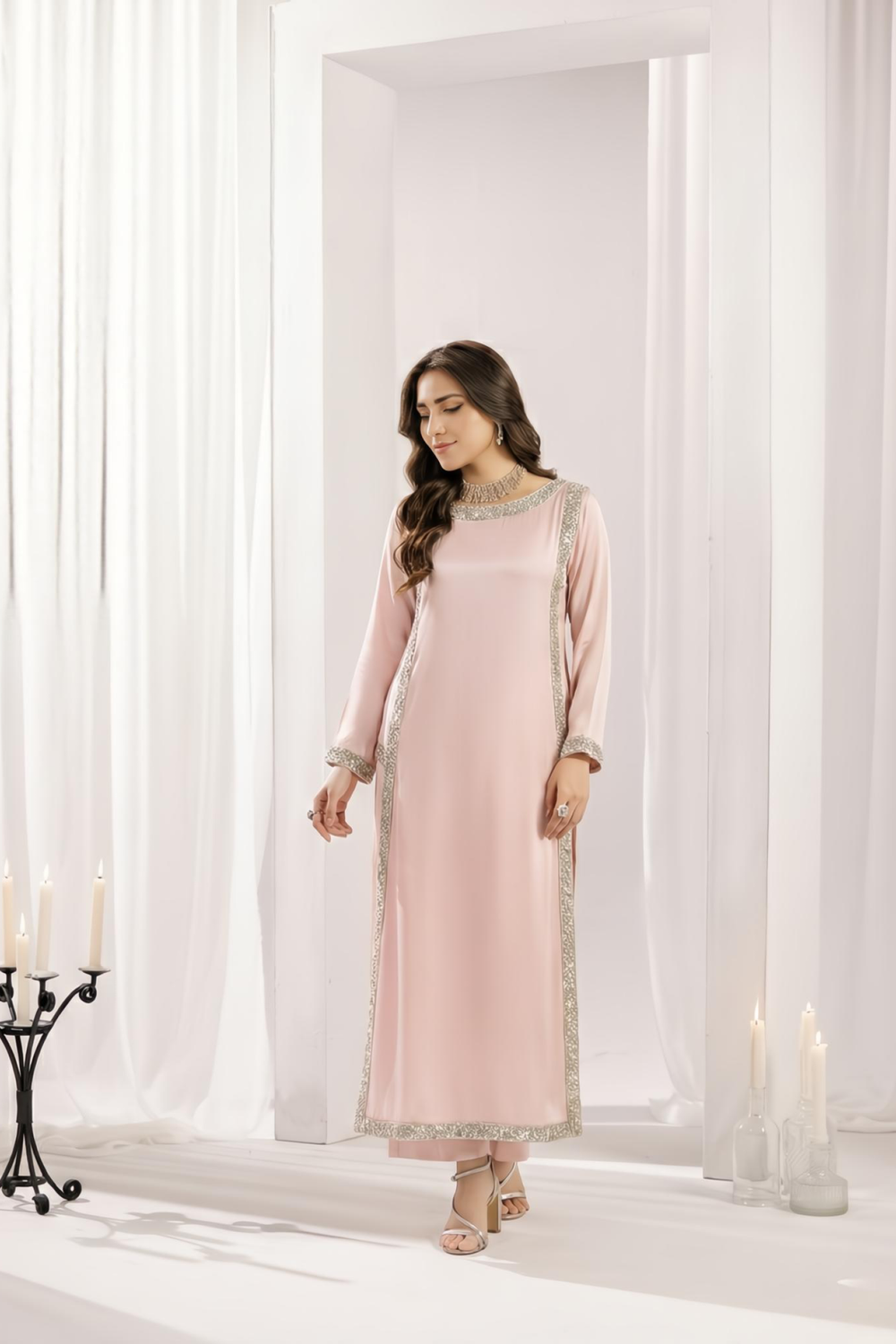 Light Pink Embroidered Silk Party Wear Suit Online in Dubai UAE Abudhabi Ajman Sharjah