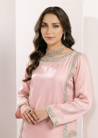 Light Pink Silk Embroidered Kurta Set for Women Online in KSA Riyadh Saudi Arabia Oman Bahrain Qatar