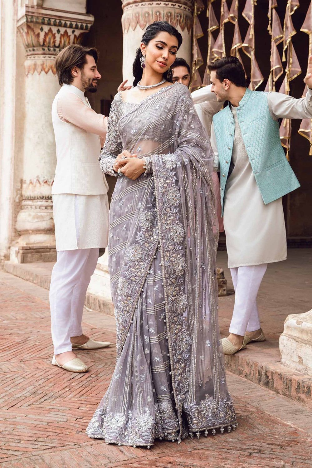 Light Purple Hand Embellished Net Saree Online in Dubai UAE Abudhabi Ajman Sharjah