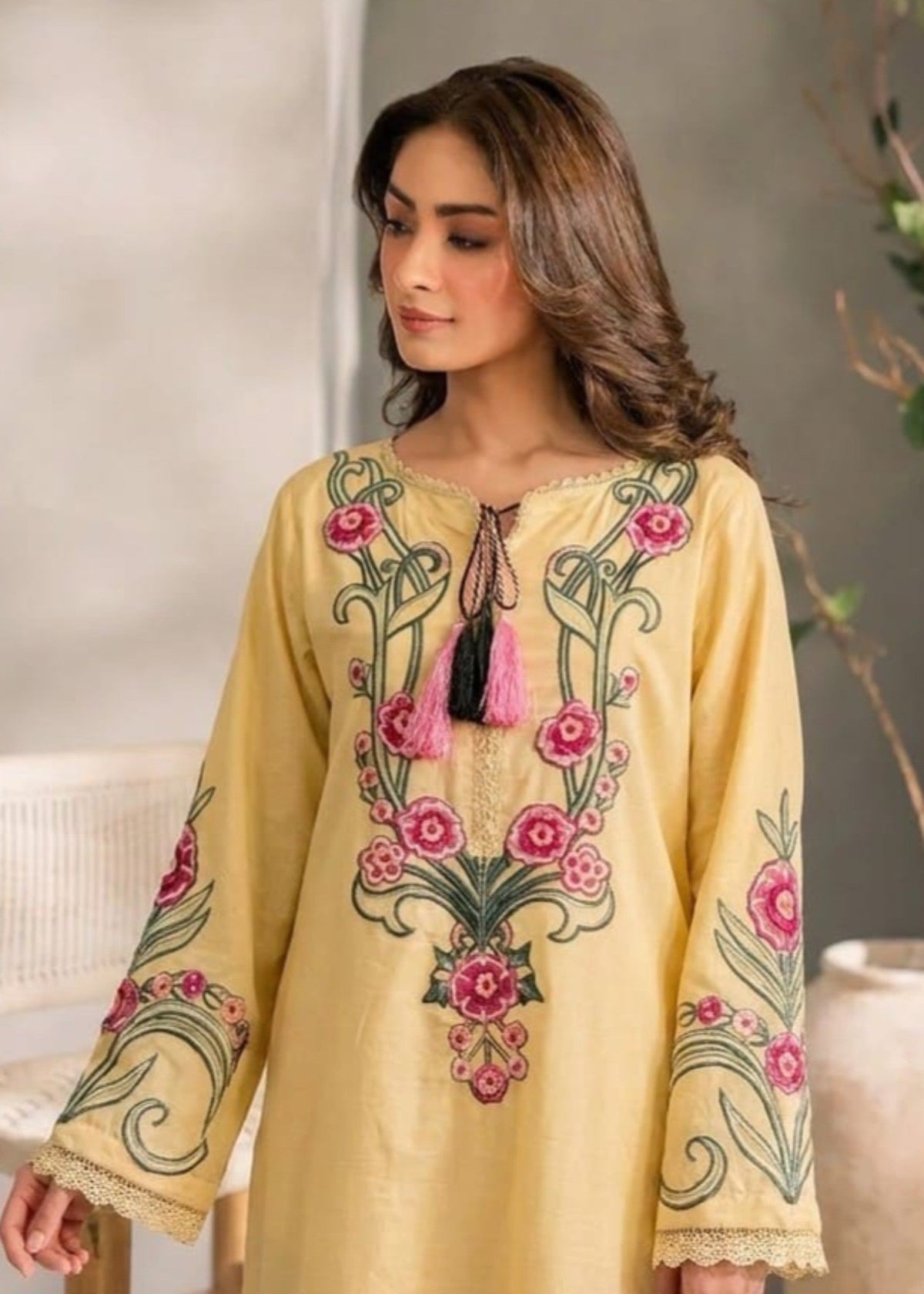 Light Yellow Cotton Embroidered Kaftan Online in UK USA Canada