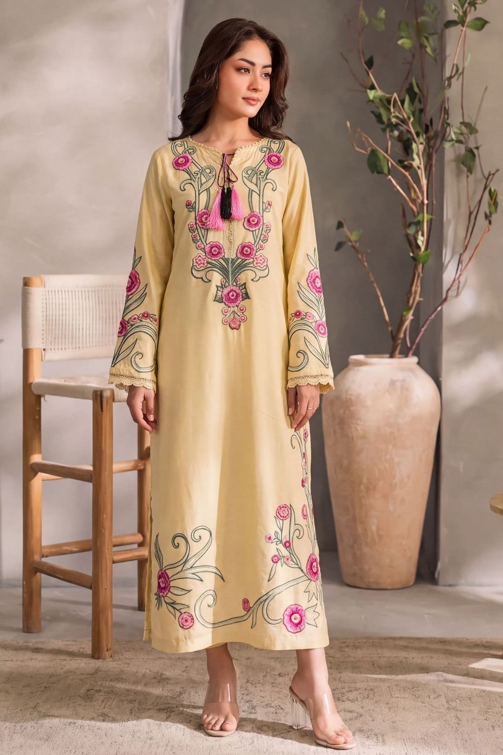 Light Yellow Embroidered Cotton Kaftan Online in Dubai UAE Abudhabi Ajman Sharjah