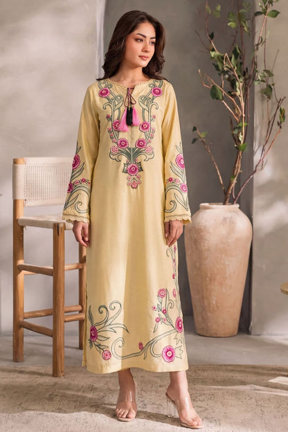 Light Yellow Embroidered Cotton Kaftan Online in Dubai UAE Abudhabi Ajman Sharjah