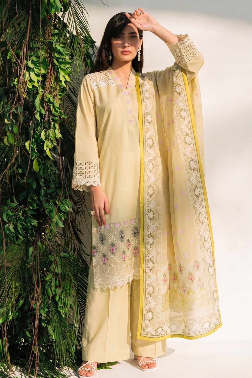 Light Yellow Embroidered Lawn Kurta Set Online in Dubai UAE Abudhabi Ajman Sharjah