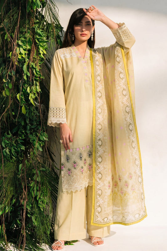 Light Yellow Embroidered Lawn Kurta Set Online in Dubai UAE Abudhabi Ajman Sharjah