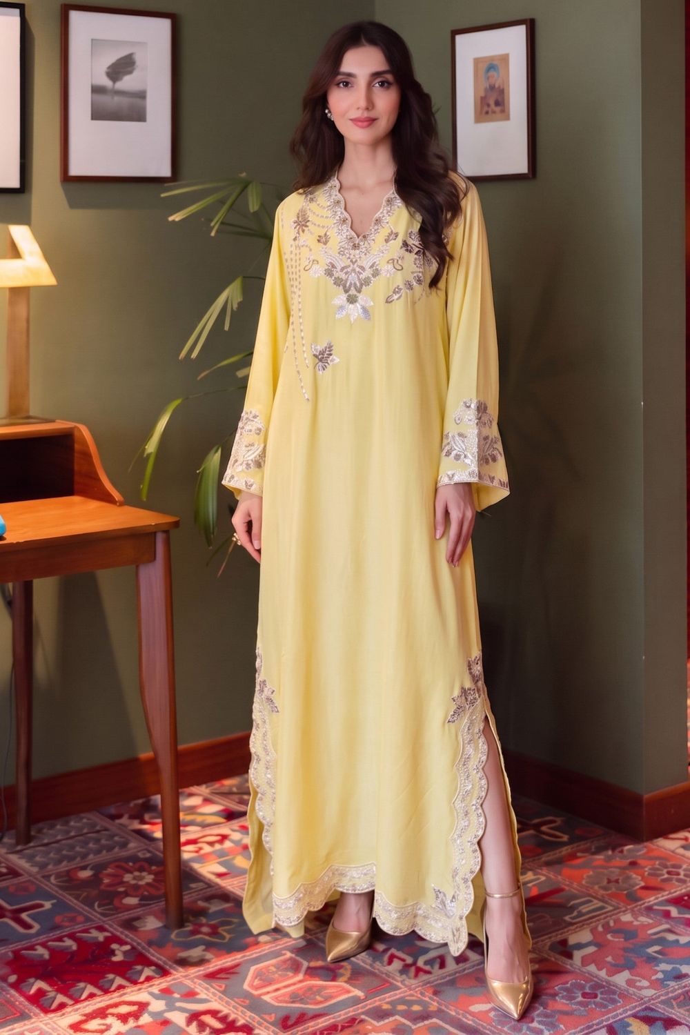 Light Yellow Embroidered Linen Kaftan Online in Dubai UAE Abudhabi Ajman Sharjah