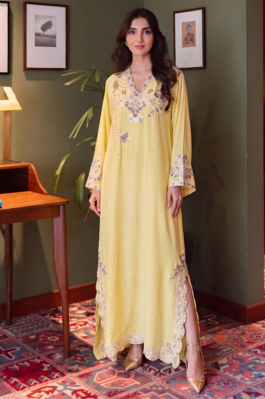 Light Yellow Embroidered Linen Kaftan Online in Dubai UAE Abudhabi Ajman Sharjah