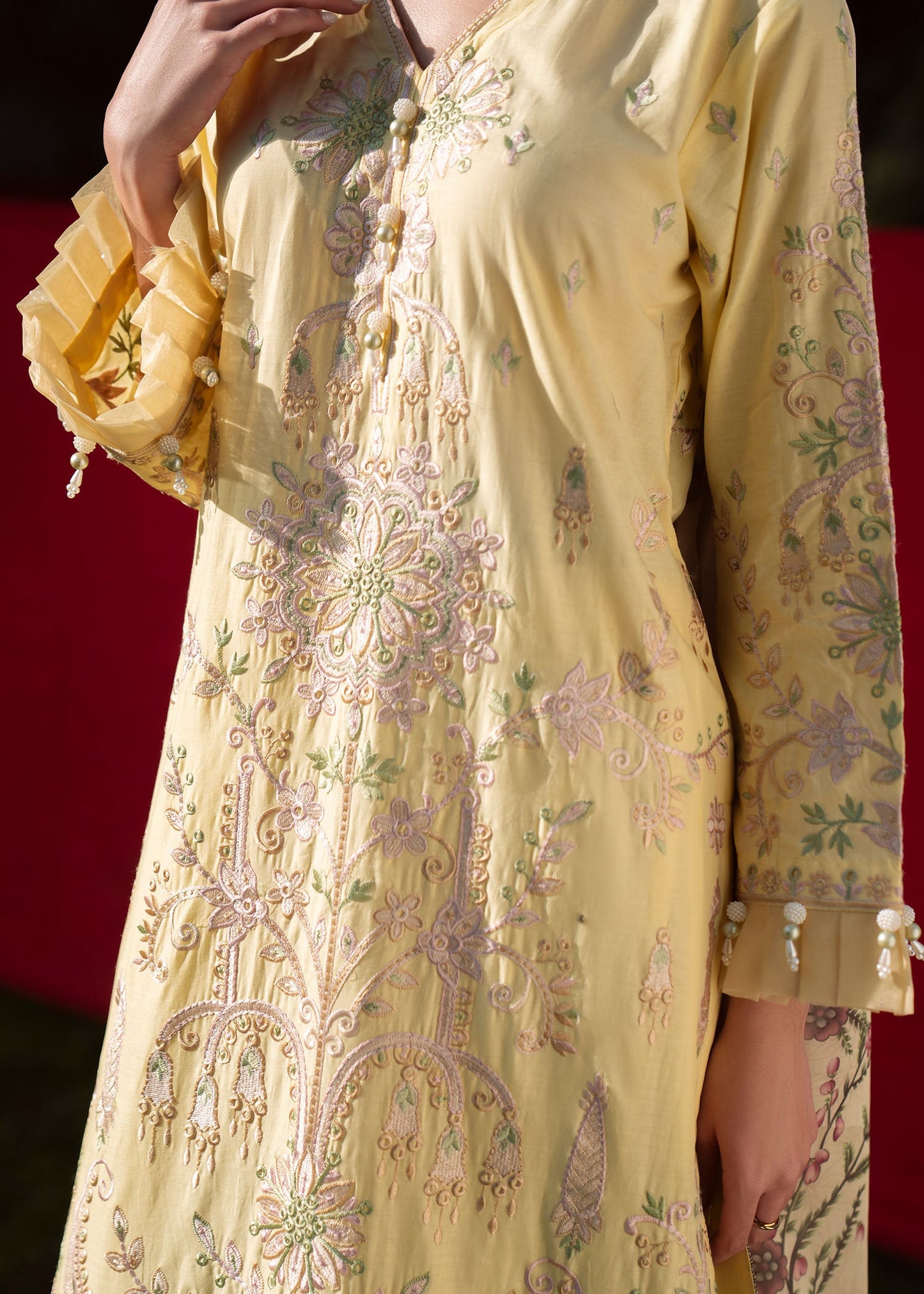 Light Yellow Lawn Party Wear Salwar Suit Online in Dubai UAE Abudhabi Ajman Sharjah