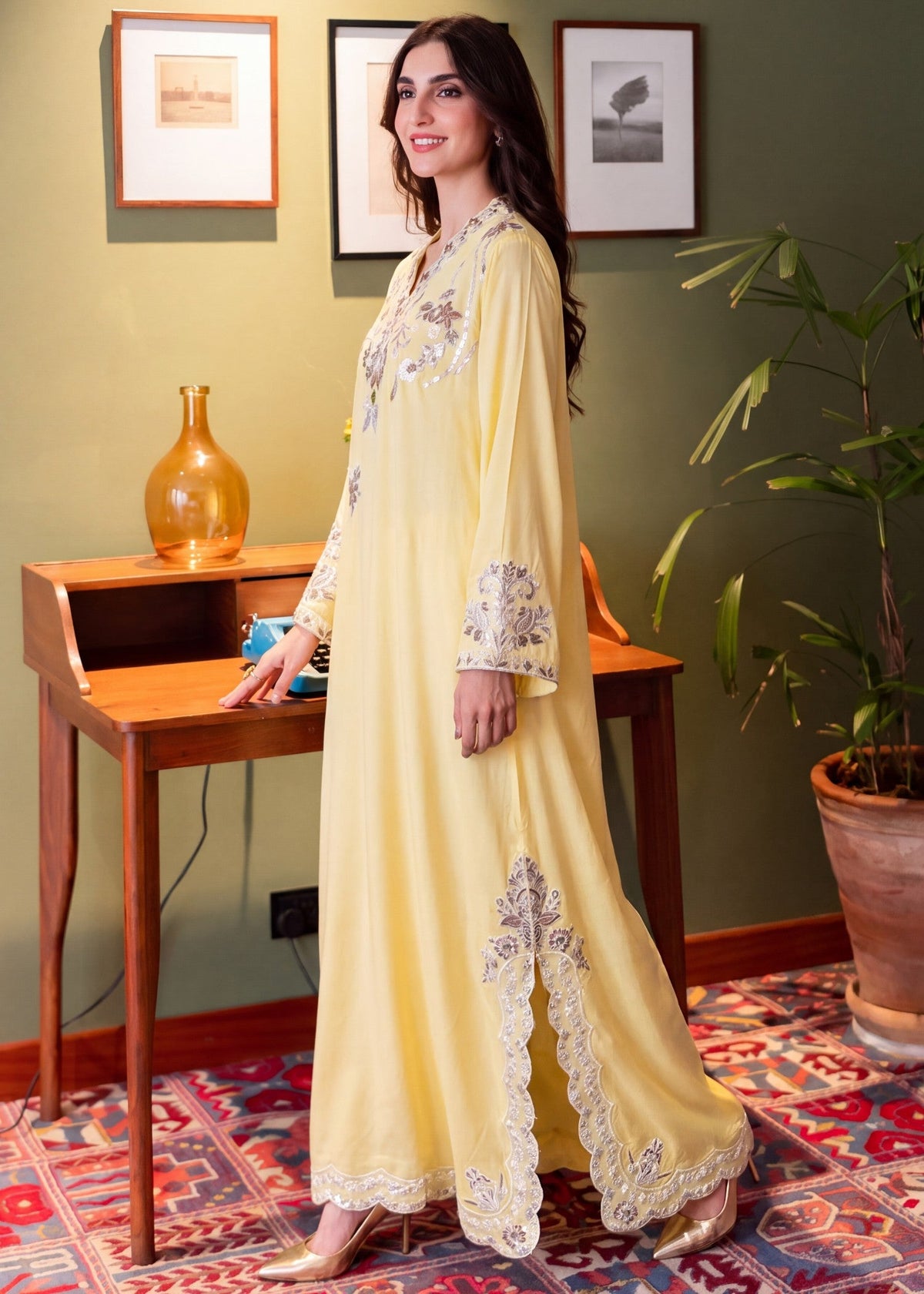 Light Yellow Linen Kaftan Latest Pakistani Suits Online in Dubai UAE Abudhabi Ajman Sharjah
