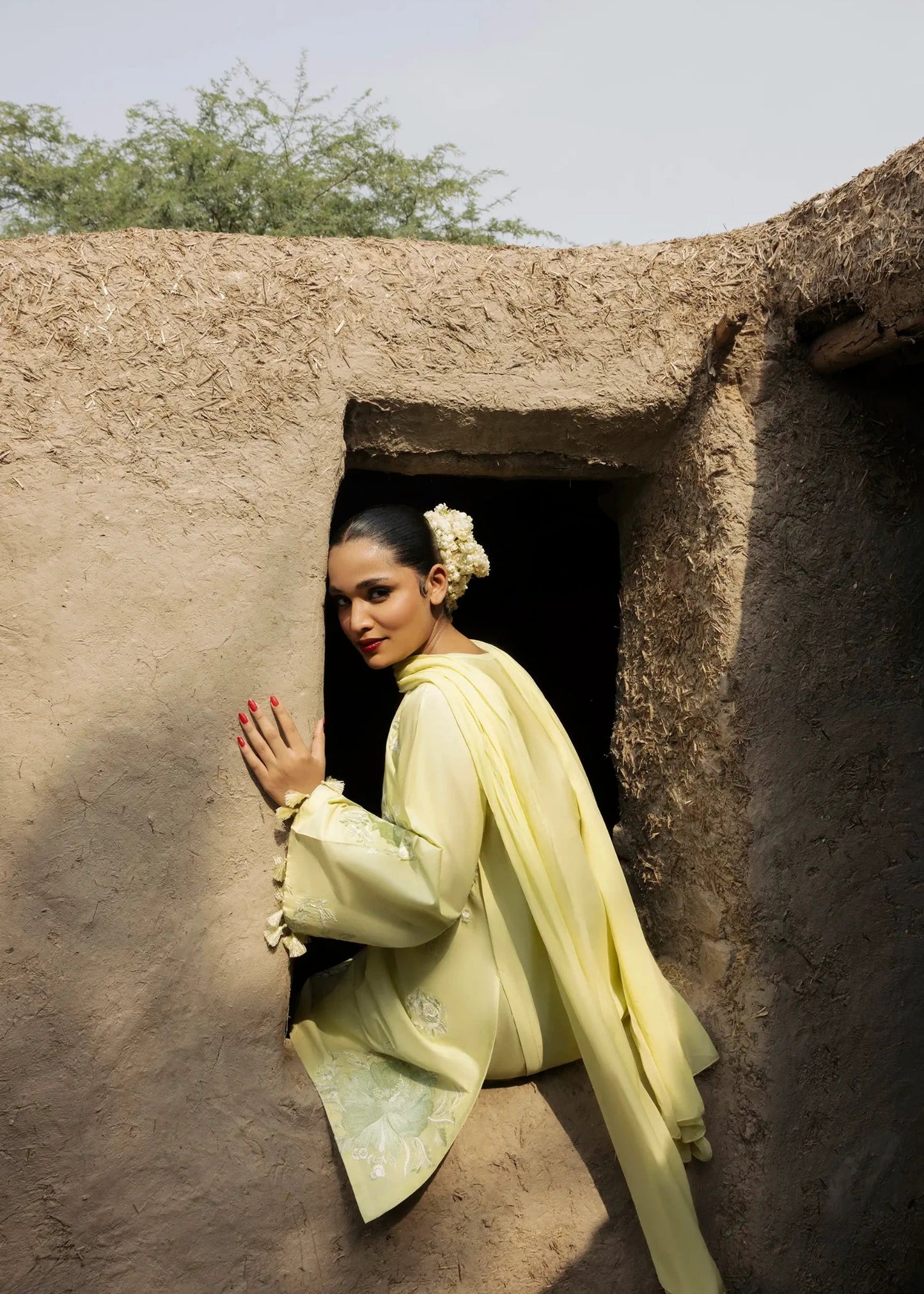 Light Yellow Pakistani Suit with Flared Trousers Online in Dubai DXB UAE Abudhabi Meena Bazaar