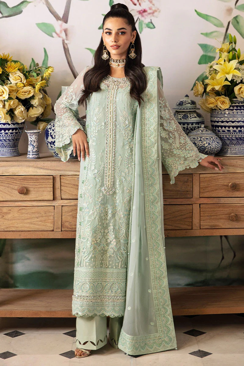 Pista Green Hand Embellished Chiffon Suit