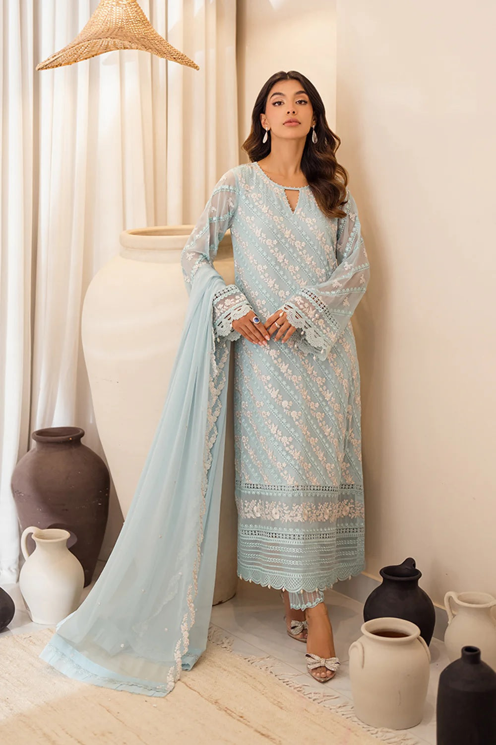 Pale Blue Chiffon Embroidered Suit