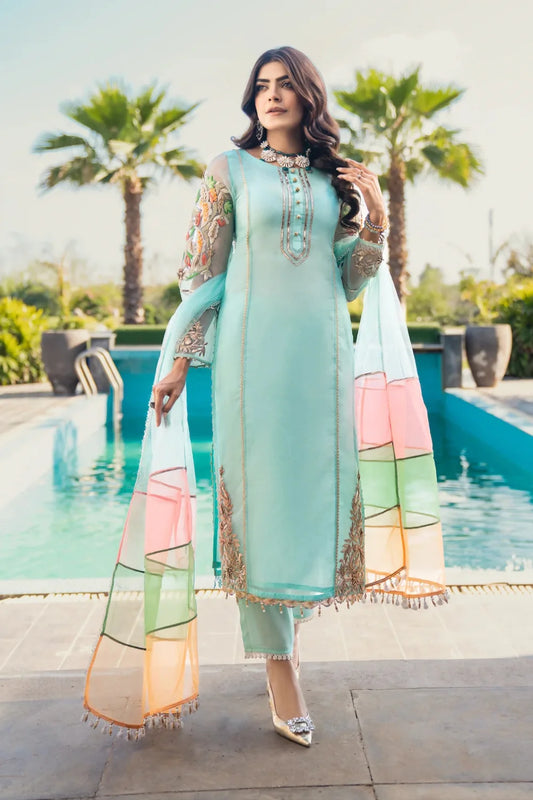 Cyan Readymade Hand Embroidered Suit