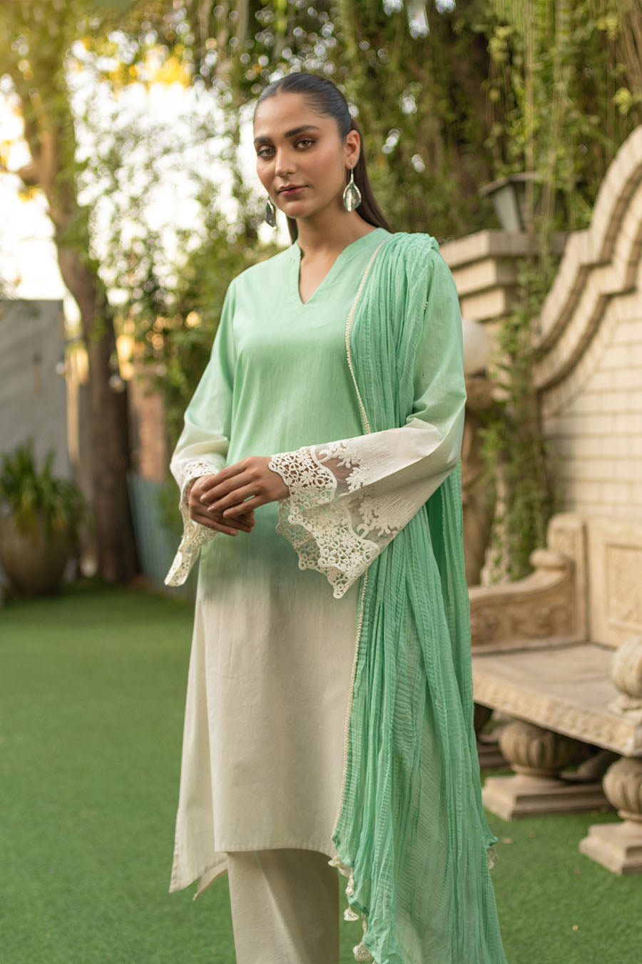 Soft Green Readymade Crochet Kurta Set with Dupatta