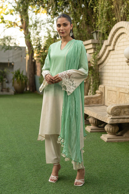 Soft Green Readymade Crochet Kurta Set with Dupatta