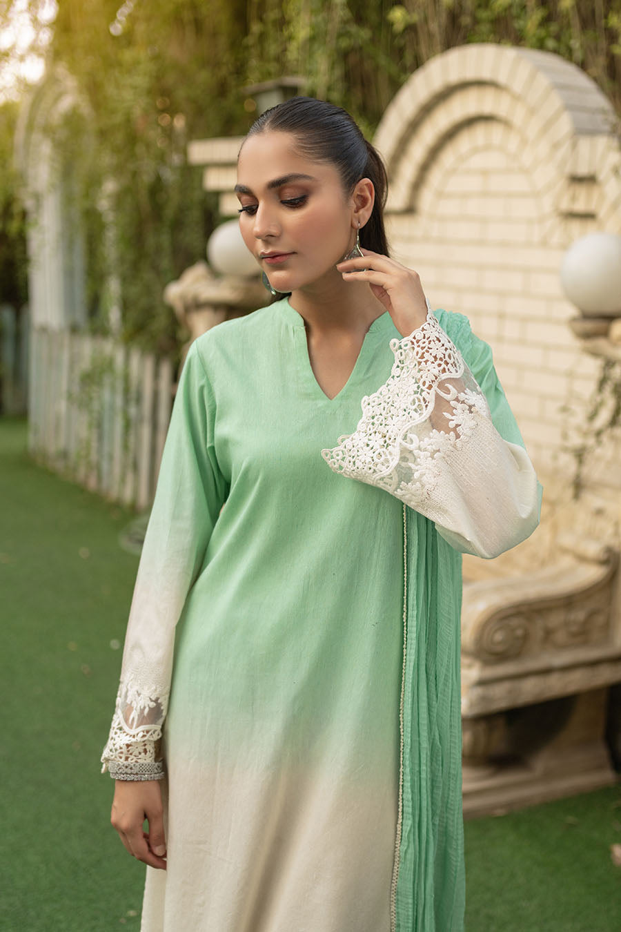 Soft Green Readymade Crochet Kurta Set with Dupatta