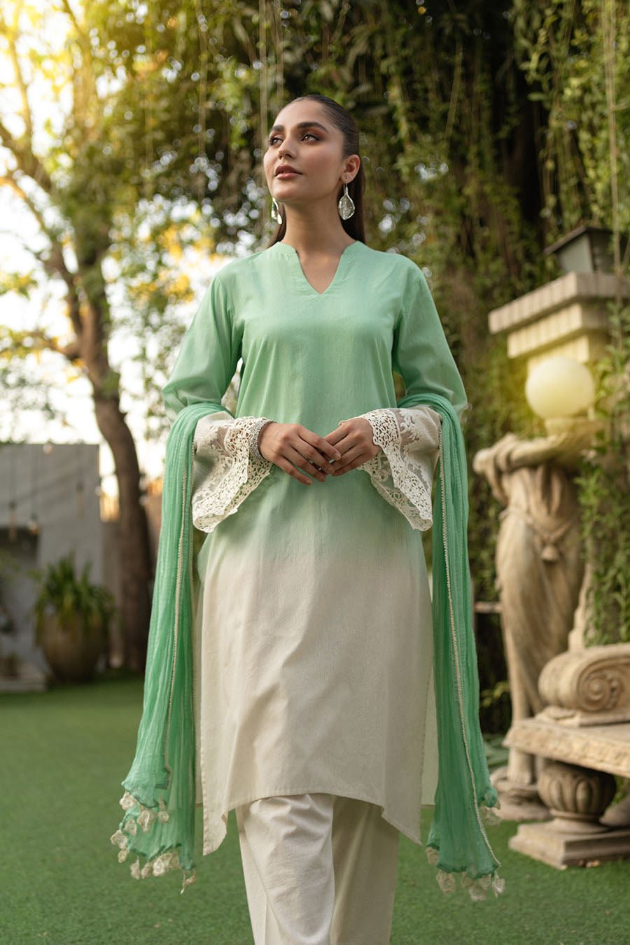 Soft Green Readymade Crochet Kurta Set with Dupatta