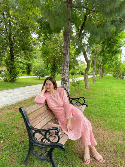 Pink Embroidered Cotton Kurta Set