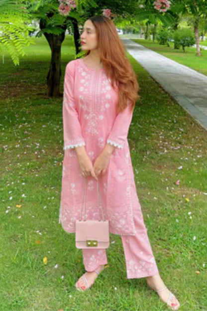 Pink Embroidered Cotton Kurta Set