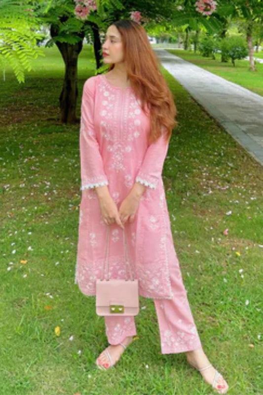 Pink Embroidered Cotton Kurta Set