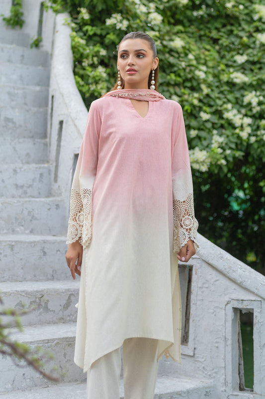 Soft Pink Readymade Crochet Kurta Set with Dupatta