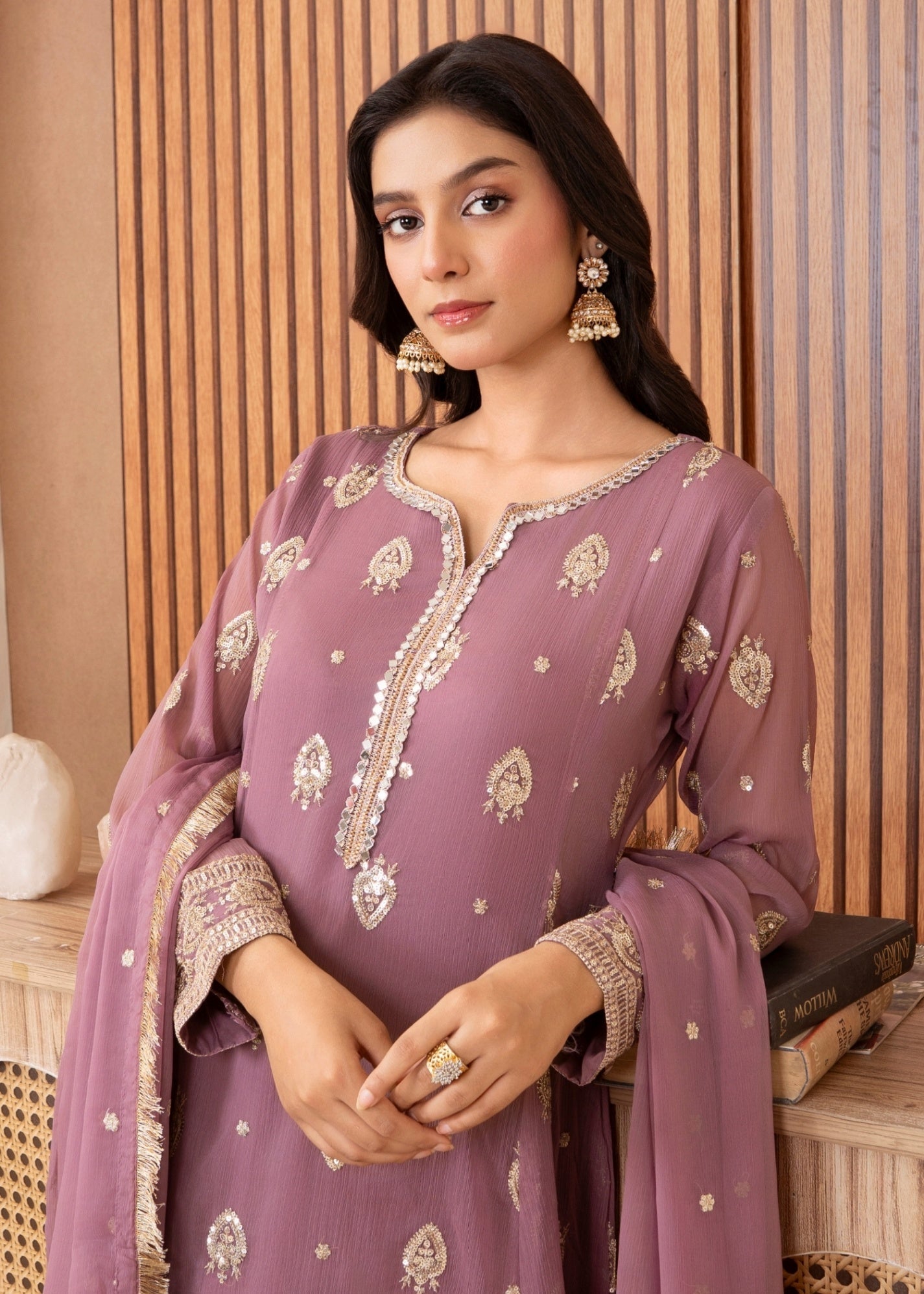 Lilac Chiffon Pishwas with Dupatta Online in Dubai DXB UAE Abudhabi Meena Bazaar