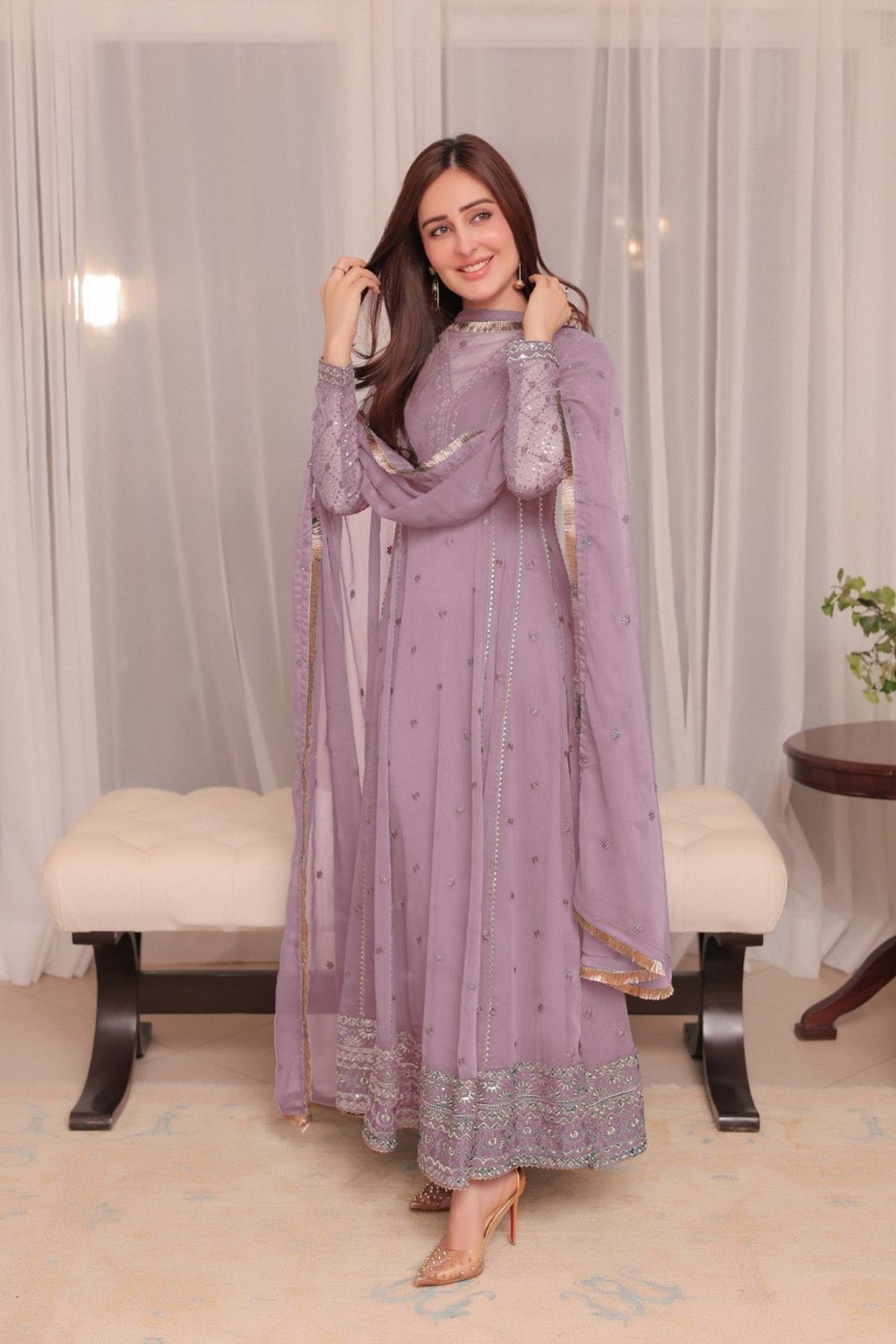 Lilac Embroidered Chiffon Anarkali Peshwas Online in Dubai UAE Abudhabi Ajman Sharjah