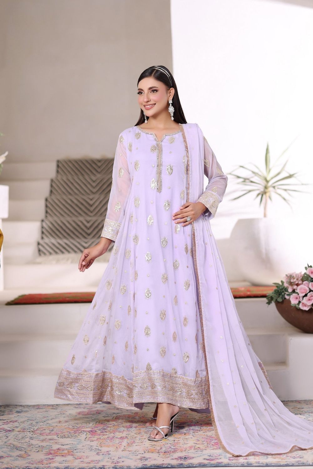 Lilac Embroidered Chiffon Festive Pishwas Suit Online in Dubai UAE Abudhabi Ajman Sharjah