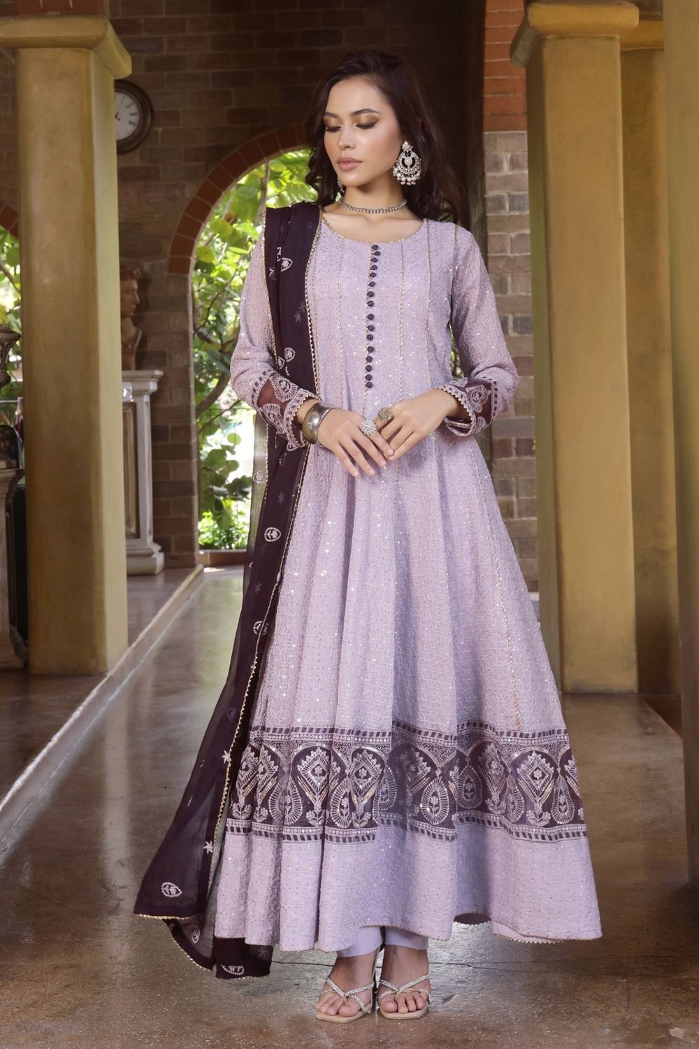 Lilac Embroidered Chiffon Festive Pishwas Suit Online in Dubai UAE Abudhabi Ajman Sharjah