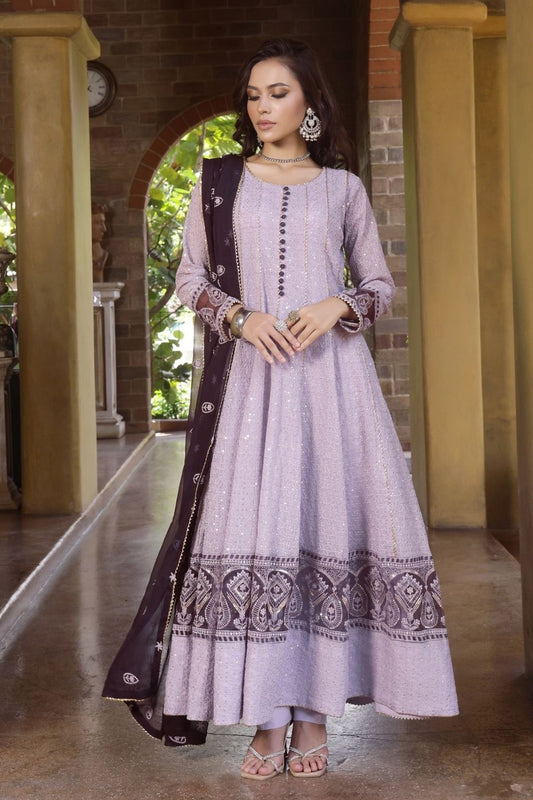 Lilac Embroidered Chiffon Festive Pishwas Suit Online in Dubai UAE Abudhabi Ajman Sharjah