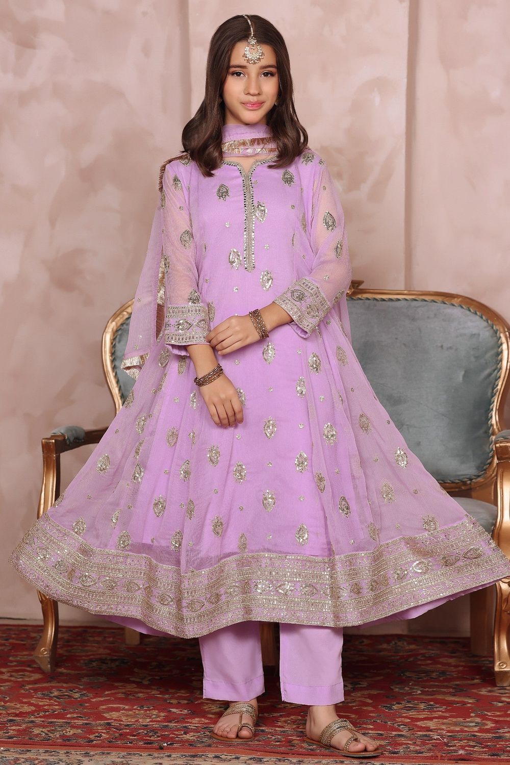 Lilac Embroidered Chiffon Flared Pishwas Set Online in Dubai UAE Abudhabi Ajman Sharjah