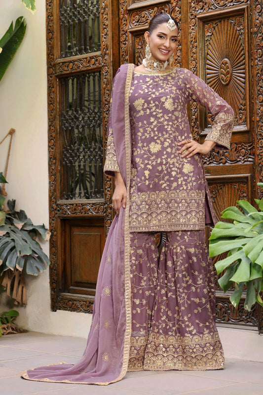 Lilac Embroidered Chiffon Gharara Suit Online in Dubai UAE Abudhabi Ajman Sharjah