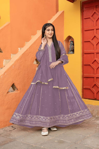 Lilac Embroidered Chiffon Kalidar Maxi Dupatta Online in Dubai UAE Abudhabi Ajman Sharjah