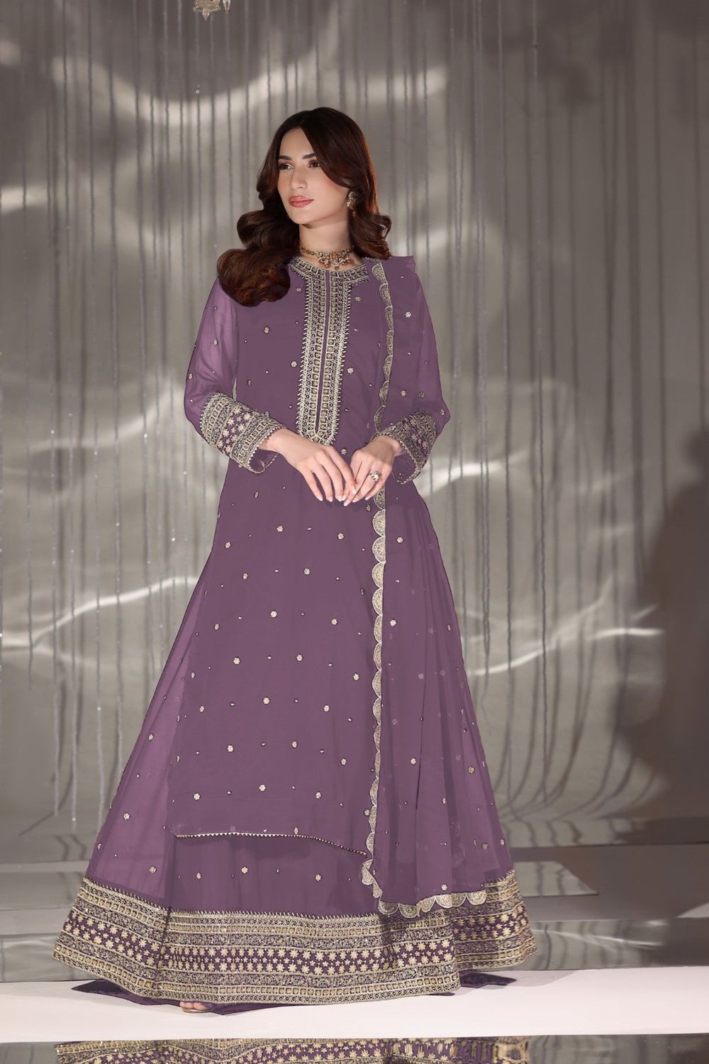 Lilac Embroidered Chiffon Lehenga Choli Online in Dubai UAE Abudhabi Ajman Sharjah