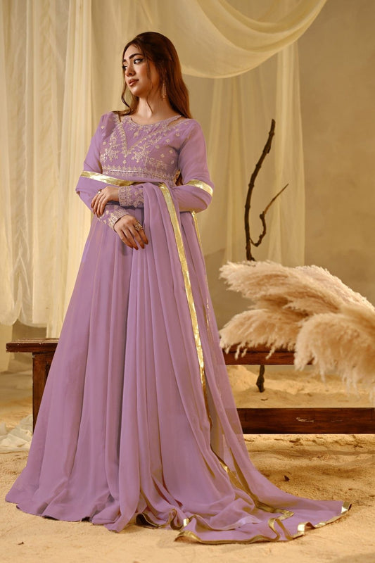 Lilac Embroidered Chiffon Party Wear Suit Online in Dubai UAE Abudhabi Ajman Sharjah
