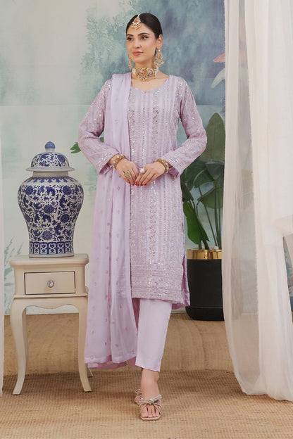 Lilac Embroidered Chiffon Partywear Kurta Set Online in Dubai UAE Abudhabi Ajman Sharjah