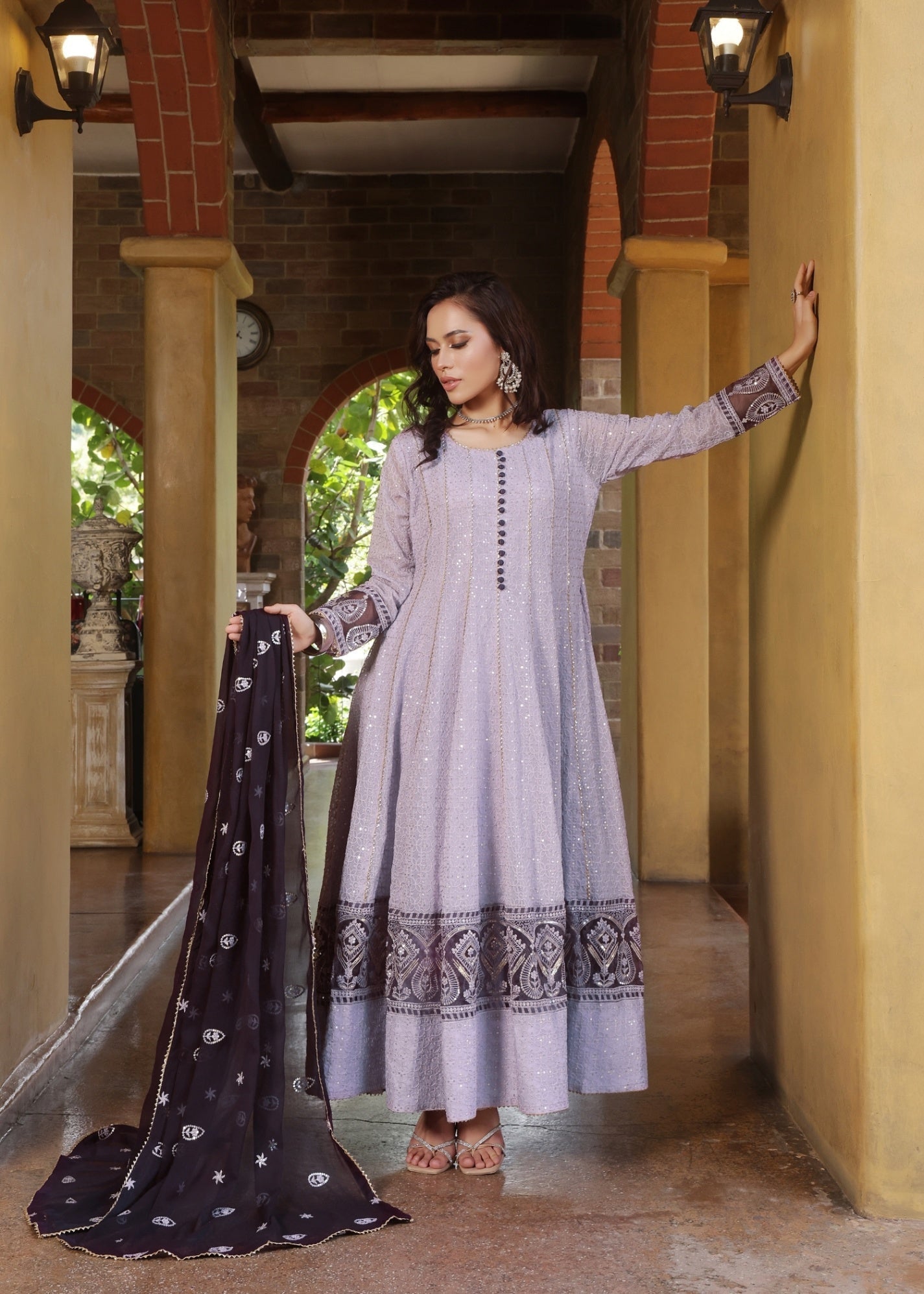 Lilac Embroidered Chiffon Partywear Pishwas Online in UK USA Canada
