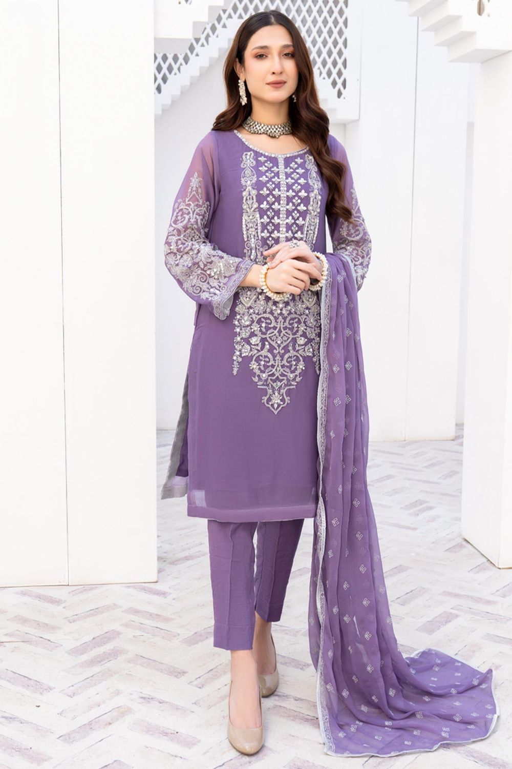 Lilac Embroidered Chiffon Partywear Suit Online in Dubai UAE Abudhabi Ajman Sharjah