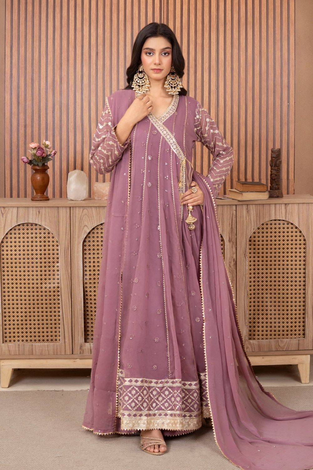 Lilac Embroidered Chiffon Partywear Suit Online in Dubai UAE Abudhabi Ajman Sharjah