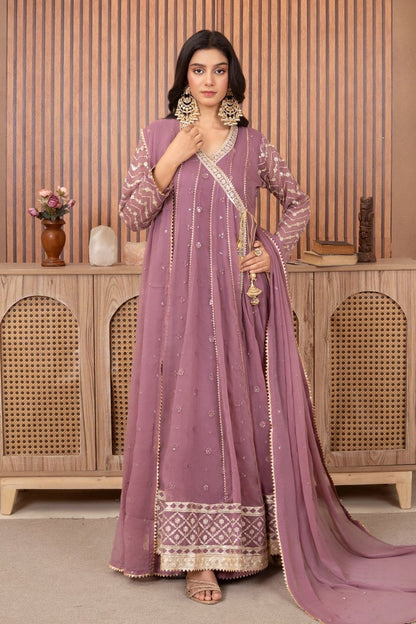 Lilac Embroidered Chiffon Partywear Suit Online in Dubai UAE Abudhabi Ajman Sharjah