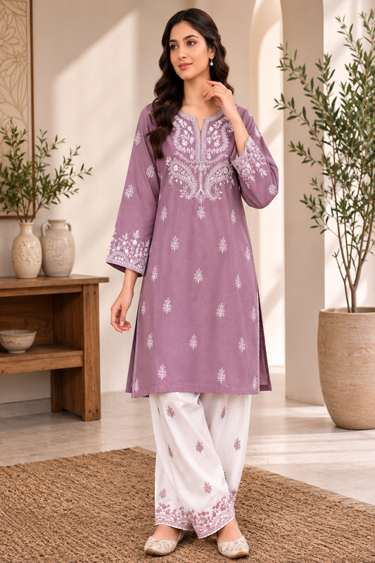 Lilac Embroidered Cotton Farshi Shalwar Suit Online in Dubai UAE Abudhabi Ajman Sharjah