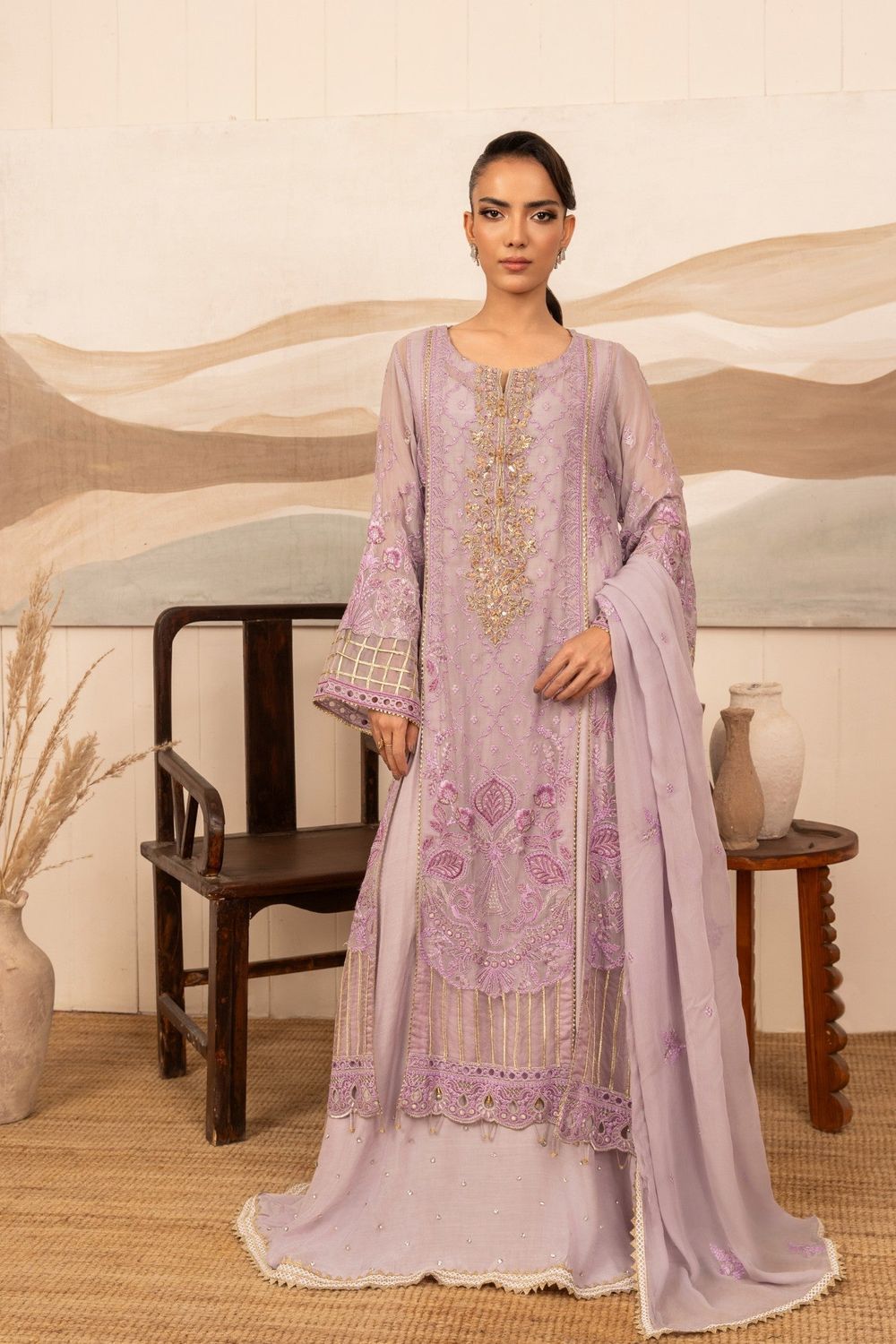 Lilac Embroidered Georgette Chiffon Sharara Suit Online in Dubai UAE Abudhabi Ajman Sharjah